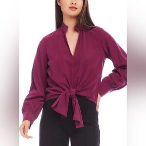 Karen Kane Regal Girl Tie Front Wine V-neck Blouse Large NWT